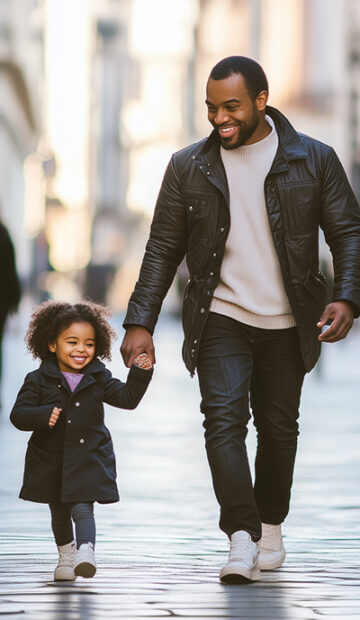 Famille en promenade dans une rue commerçante